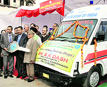 An ambulance being donated by the State Bank of India to the Manav Sehyog Society in Jalandhar on Friday