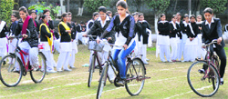 Girls take part in a slow cycling race during the annual athletics meet of the SDP College for Women in Ludhiana. Photo: Inderjeet verma