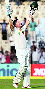 Australia skipper Michael Clarke celebrating his century during the first day of the first Test in Chennai on Friday