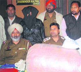 GRP officials show the bag containing ganja seized from the accused in Amritsar