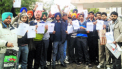 Candidates protest against the Bhakra Beas Management Board in Panchkula on Saturday