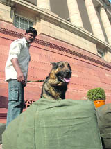 A file photo of a security check on Budget documents outside Parliament.