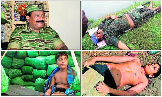 File photos of Prabhakaran and his son before and after being shot dead.