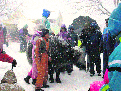 Tourists enjoy snowfall on the Manali-Rohtang road on Saturday.