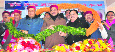 State BJP president Satpal Satti with former Chief Minister PK Dhumal, national general secretary JP Nadda and secretary Shyam Jaju at a meeting in Shimla on Saturday.