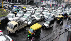 A view of chaotic traffic situation due to rain in Jalandhar on Saturday.