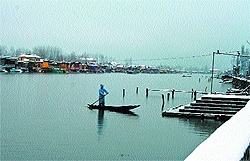 A man rows a shikara on the Dal Lake in Srinagar on Saturday