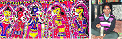Madhubani paintings from Bihar portay human interest issues (L) and Ranjit Kumar Paswan shows a Godhna painting