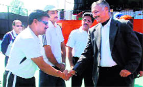 Uttarakhand DGP Satyavrat being introduced to players after the inauguration of a tennis tournament of the ONGC in Dehradun on Sunday.