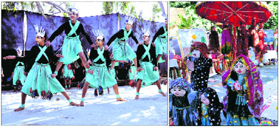 Students of Scholars' Home School perform a dance at their annual cultural festival; and (right) an exhibition put up in the school in Dehradun on Sunday.