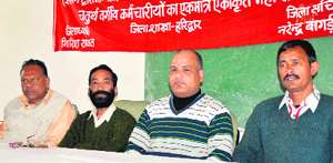 Elected members of the Uttarakhand Chaturth Vargiya Rajya Karamchari Maha Sangh in Haridwar on Sunday.
