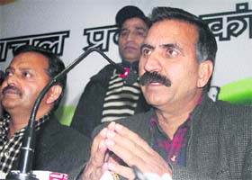 State Congress chief Sukhvinder Singh addresses mediapersons in Shimla on Sunday