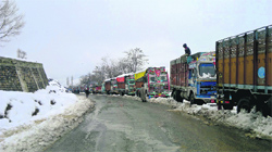 Trucks stranded on the Srinagar-Jammu highway on Sunday which remained closed for two days due to fresh spell of snowfall in Kashmir. A Tribune Photograph