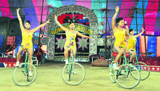 Circus artistes showcase their talent at a show in Ludhiana.