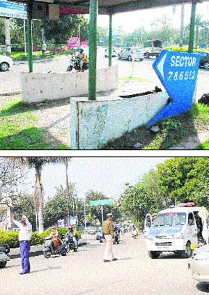 No policeman was seen at the PCR shed at the Sectors 7 and 8 roundabout once Haryana Chief Minister Bhuperder Singh Hooda left after his visit; (left) contrary to that, Haryana policemen were seen manning the same roundabout beforethe CM arrived in Panchkula on Monday. 