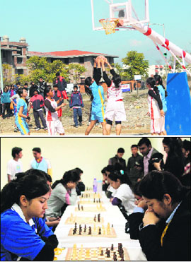 A basketball match in progress during the Rajiv Gandhi Inter-University Youth Festival at Doon University on Monday; and (below) a chess tournament under way. 