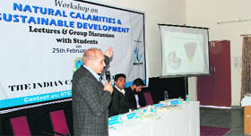 A speaker at a workshop on natural calamities and sustainable development held at The Indian Cambridge School in Dehradun on Monday.