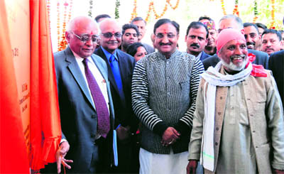 Dr R. Chidambaram, Principal Scientific Adviser to the Prime Minister, Dr RK Sinha, Chairman, Atomic Energy Commission, Ramesh Pokhriyal Nishank and Dr Anil Joshi from HESCO at the inauguration of the Isotope Hydrology Centre at Shuklapur village near Dehradun on Sunday.