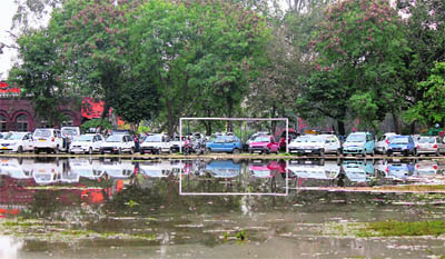  A waterlogged ground at GGM Science College in Jammu on Monday.