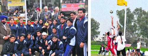 Governor NN Vohra with the winning team of the All India Inter-University Korfball Championship; and (right) players of the University of Jammu (in red) and Guru Nanak Dev University, Amritsar, in action during the final match in Jammu on Monday. 