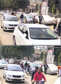 Hospitals, without proper parking facility on Mahavir Marg in Jalandhar, lead to chaos on the roads in front of them. 