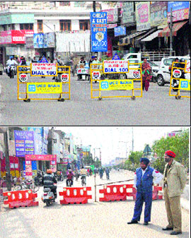 Barricading done on the Nakodar road which is lying closed for the past three days owing to a religious function in Jalandhar on Monday. 