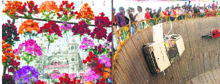 Sri Guru Ravidas Dham bedecked for Guru Ravi Dass birth anniversary celebrations; (right) a motorcyclist and a car driver showcase their skills by driving on the wall of a well during a fair, held as part of the celebrations in Jalandhar on Monday. 