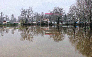 A view of the inundated Polo Ground in Srinagar on Monday.
