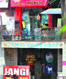 Despite a ban, meat shops do business as normal in Ludhiana on Monday.