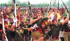 Exuberant start: Young recruits celebrate after the 158th passing out parade of Punjab Police at PAP grounds in Jalandhar on Monday