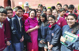 Dr Najma Heptulla, senior BJP leader and former Deputy Chairperson of the Rajya Sabha, sharing lighter moments with the schoolchildren at Parliament House in New Delhi on Tuesday.
