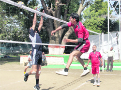Players in action during a match in the Inter-Central Government Institutions Volleyball Tournament in Dehradun on Tuesday. Tribune photo: Vinod Pundir 