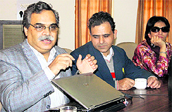Visually challenged Dipendra Minocha, Prem Sagar and Deepika Sood, all members of NGO Saksham, talk about production of talking books for the visually challenged students in Jalandhar on Tuesday