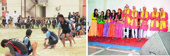 A kho-kho match in progress during the Rajiv Gandhi Inter-University Youth Festival in Doon University; and (right) students perform a group song in Dehradun on Wednesday.