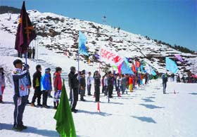 Participating teams at the National Winter Games being held at Auli in Chamoli district on Wednesday