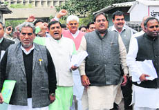 Abhay Chautala (extreme right) and other party MLAs after their suspension on Wednesday.