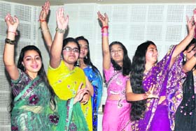 Students of Sanskriti KMV School enjoy during a farewell party held on the school campus in Jalandhar on Wednesday