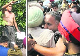 Retired employee of the Punjab Police Jagir Singh climbs on a wall of the DC office to protest; and (right) Jagir Singh being detained by the police in Jalandhar on Wednesday