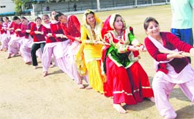 Students of MGN College participate in a tug-of-war event during the annual athletic meet in Jalandhar on Wednesday