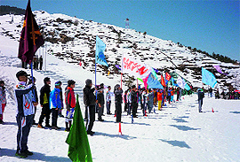 Participating teams at the National Winter Games being held at Auli in Chamoli district on Wednesday
