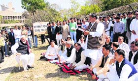 INLD legislators hold a parallel session outside the Vidhan Sabha in Chandigarh on Thursday