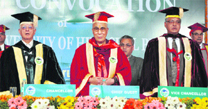 Chancellor Arun Maira, the Dalai Lama and VC Furqan Qumar at the first convocation of the CUHP at Shahpur near Dharamsala on Thursday.