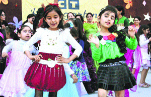 Kindergarten students perform a cultural programme in Jalandhar on Thursday. 