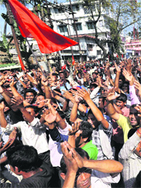 CPM supporters celebrate partys win in the Assembly poll in Agartala on Thursday.