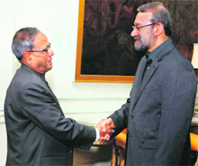 President Pranab Mukherjee with Ali Larijani, Speaker of the Islamic Consultative Assembly, in New Delhi.