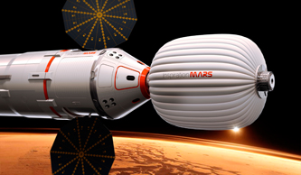 An artists conception of a spacecraft envisioned by Inspiration Mars, a private group funded by former rocket scientist Dennis Tito.