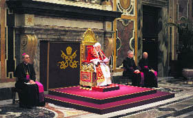 Pope Benedict XVI addresses the last meeting with the Cardinals at the Vatican on Thursday.