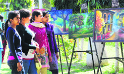 Students take a look at art work at the PG Government College for Girls, Sector 11, Chandigarh, on Friday.