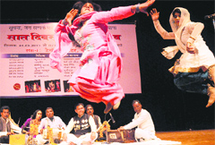 Artistes present a dance during the cultural festival, Swang, at the Tagore Theatre, Sector 18, Chandigarh, on Friday.