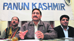 Panun Kashmir president Ashwani Kumar Chrungoo addresses mediapersons in Jammu on Friday. Tribune Photo: Inderjeet Singh